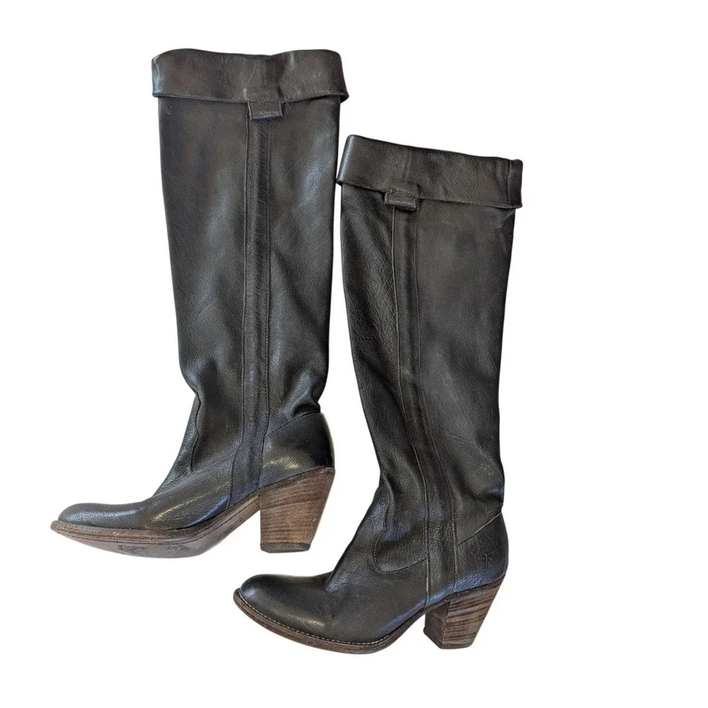 Frye Shirley Over The Knee Boots Black Leather Fold Over Cuff Womens Size‎ 10